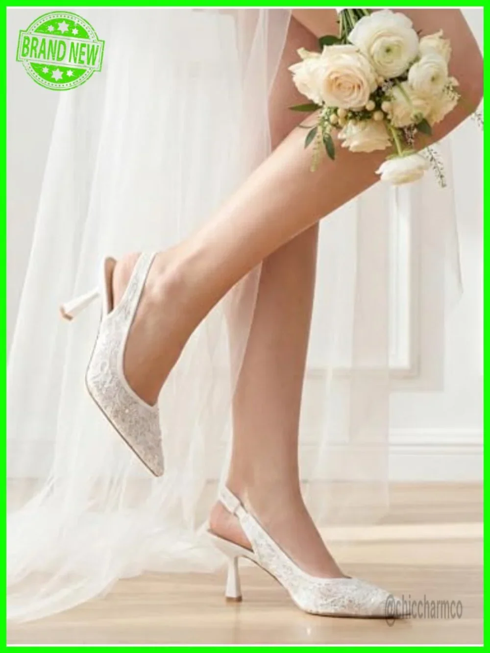 Bridal Lace Kitten Heel Slingback Pumps with Pearl Accents
